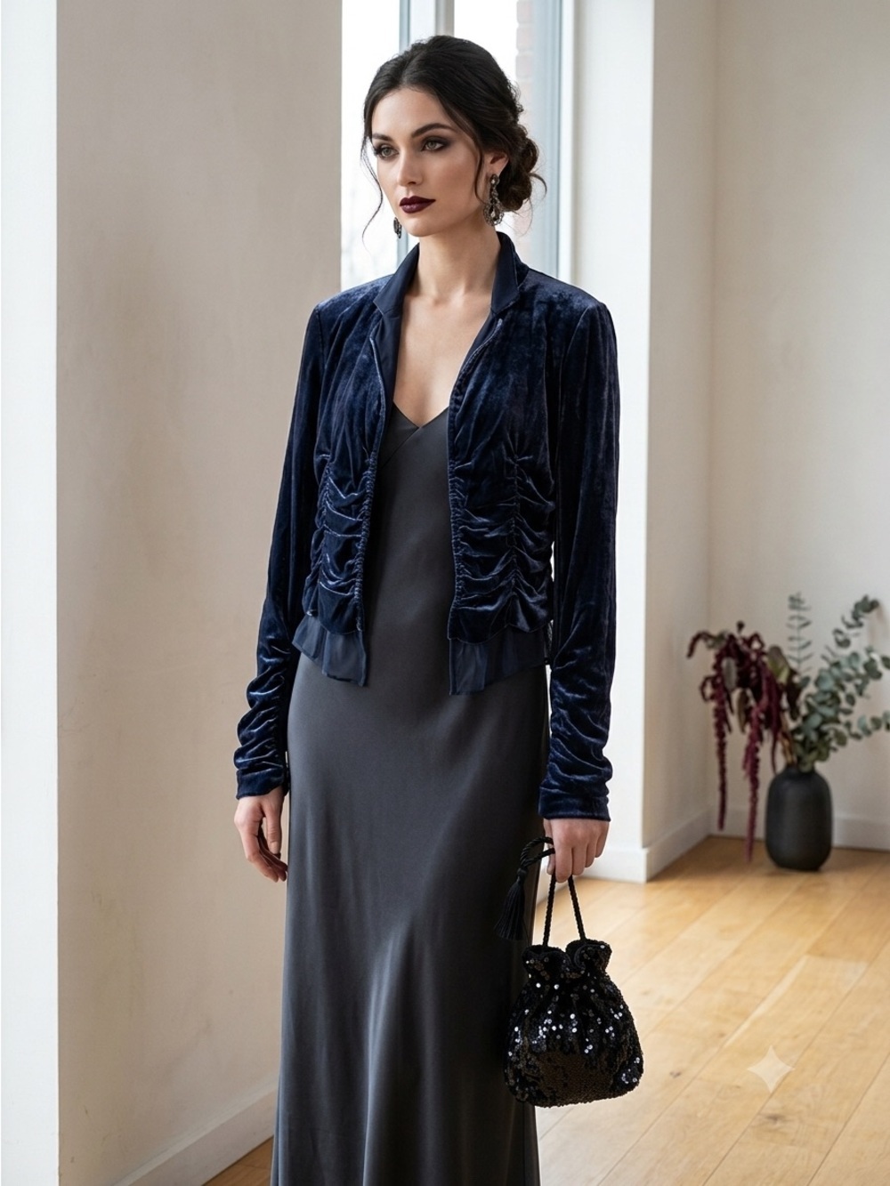 Vintage BCBG Runway Y2K Navy Blue Ruched Silk Velvet Blazer Jacket - Small NWT